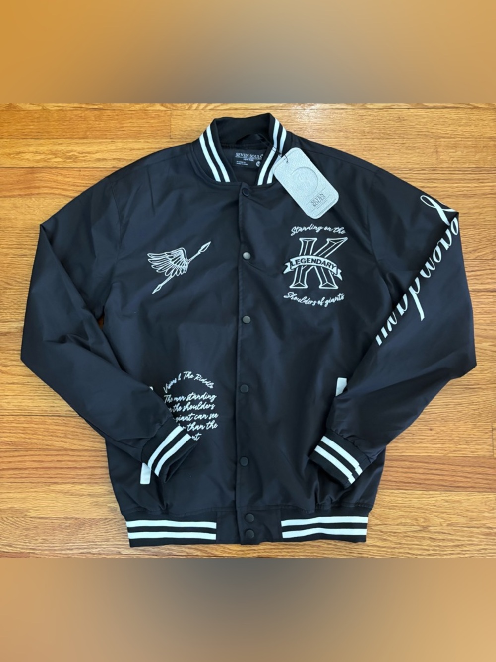 Seven Souls Varsity Jacket Men's Medium Snap Button “ Legendary” Graphic New